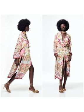 Zara Silky Floral Long Kimono Dress